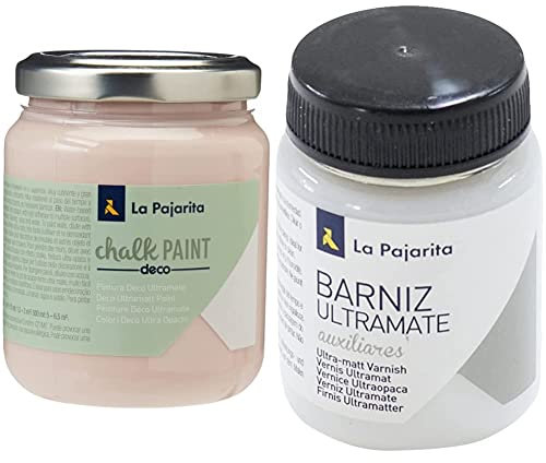 La Pajarita 103337 Pintura para Decoración y DIY, Chalk, 1, Rosa Capricho & Bote de Barniz 75 ml Efecto Ultramate, Multicolor (124216)