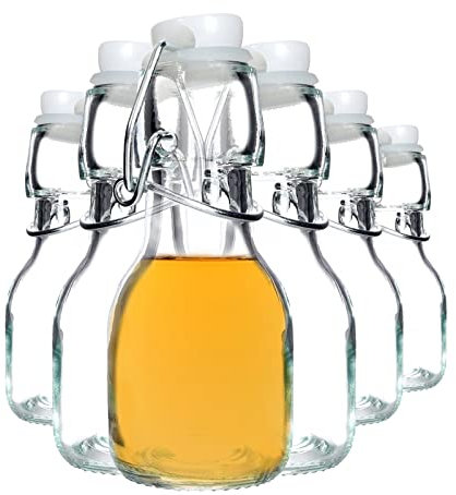 Mini Clip Top Bottles - 80ml Set of 6 Glass Airtight Preserve Swing Top Flip Top Mini Shot Clear Small for Oil, Vinegar, Dressing, Juice, Cider, Condiment Storage - Novelty Wedding