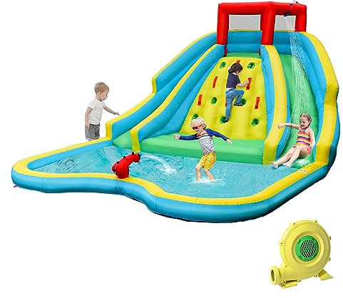 RELAX4LIFE 5 in 1 Castello Gonfiabile 452 x 362 x 228 cm con Trampolino Superiore, 2 Scivoli e 2 Spruzzi, Parete di Arrampicata, Grande Piscina, Cannone ad Acqua (con compressore)