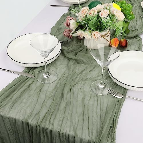 2 Stück Tischläufer Salbeigrün 90 x 300 cm, Käsetuch Tischläufer Boho Tischläufer Eukalyptus Grün, Seihtuch Käsetuch Grün Boho Tischdeko für Vintage Hochzeit, Geburtstage, Brautparty