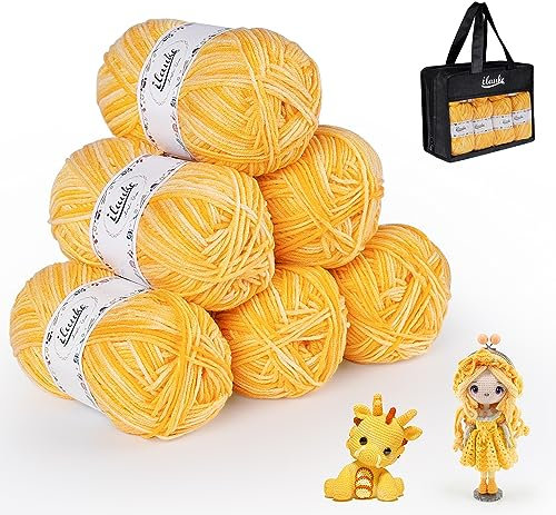 ilauke Acrylgarn zum Stricken, 6 Stück Handstrickgarn Farbverlauf Set, 6x50g Wolle zum Stricken und Häkeln Häkelgarn zum Häkeln und Kunsthandwerk für Anfänger und Kinder mit 1 Handtasche,Gelb