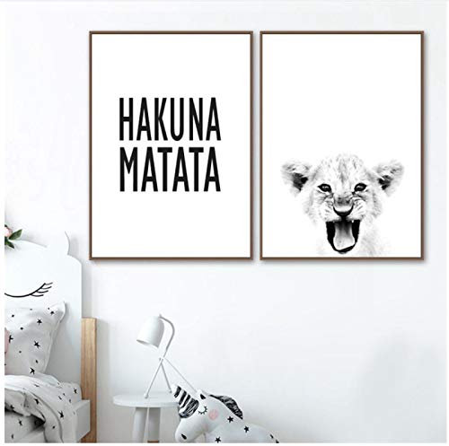 FLeage Baby-Löwe-Poster, Wildtiere, Schwarz-Weiß-Leinwandgemälde, Hakuna Matata-Zitate, Wandkunst, Bilder – ungerahmt