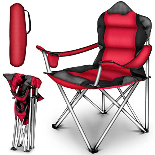 TRESKO® Silla de Camping Plegable y transportable | hasta 150 kg | Silla de Pesca portátil con reposabrazos y portabebidas (Rojo)