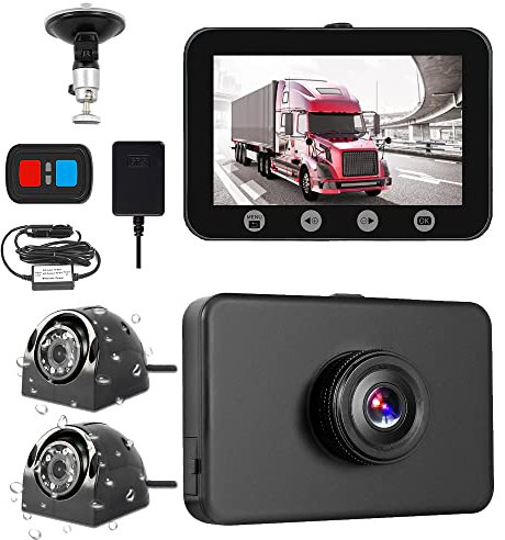 VSYSTO 3-Kanal Rückfahrkamera WiFi 4.5 Zoll Bildschirm LKW Kamera, Wasserdichtes Vorderseite 1080P Seite 720P Kamera Infrarot-Nachtsicht Objektiv Dashcam, GPS, G-Sensor, Loop-Aufnahme (schwarz-T4.5)