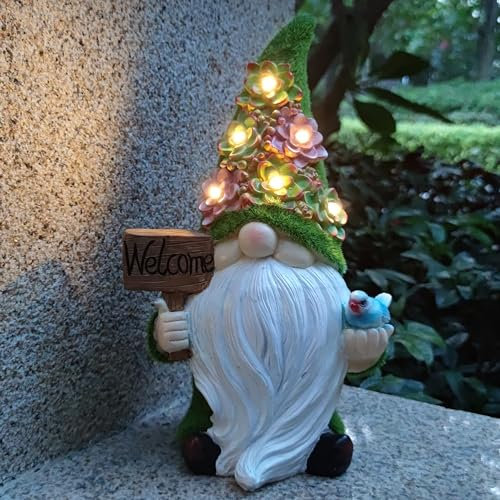 VIOYOUNS Solar Gnomes Garden Statues,Resin Gnome Figurine Holding Welcome Card and Bird with Solar Lights, Outdoor Gnomes Decorations for Yard Patio Lawn Porch, Garden Gifts