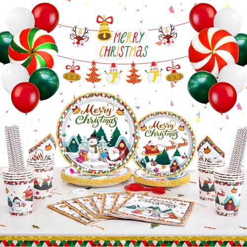 Christmas Party Tableware Set 99pcs Christmas Party Supplies Christmas Party Paper Plates Cups Napkins Table Cloth Xmas Banner Balloons Merry Christmas Party Decorations Supplies for 16 Guests