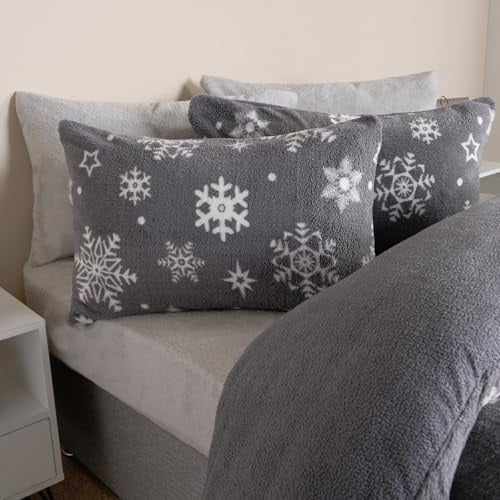 OHS Christmas Bedding King Size, Xmas Snowflake Teddy Fleece Duvet Set Super Soft Warm Thermal Winter Teddy Bear Bedding Comfy Cosy Christmas Duvet Cover King Size with Pillowcases, Grey