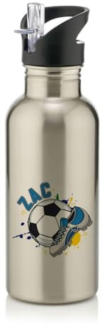 Personalised footballer Gift, Best Football Player Gift, Football Game Gift, Stainless Steel 600ml Water Bottle with Straw. (Silver)