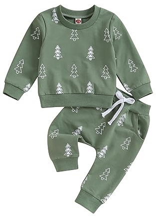 Caziffer 2 Pezzi Completi Natale Neonati Unisex Felpa a Maniche Lunghe Collo Tondo Stampa Lettere + Pantaloni Carino Vestiti di Natale Bambini (Albero Natale Verde, 2-3 anni)