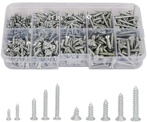 AMLOOPH Self Tapping Small Screws For Wood, 535pcs M2 M2.5 M3 Small Wood Screws Assortment, 6-8-10-12-16-20mm Flat Head Assorted Tiny Fastening Screw Set Mixed, Pack With Plastic Box