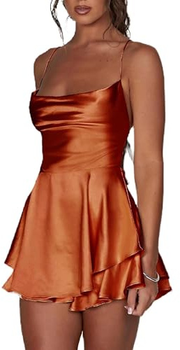 Kurzer Jumpsuit für Damen, rückenfrei, Satinkleid, sexy Wasserfallausschnitt, kurze Jumpsuits, Krawatte, Rüschen, Spaghettiträger, Minikleid, A-braun, M