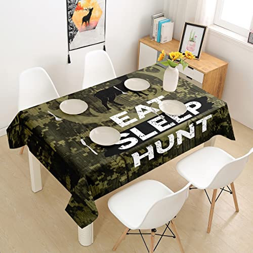 Tischläufer Jagd Auf Grüne Tarnungen, Eat Sleep Hunt, Retro-Hirsch-Silhouette-Geweih Tischdecke Pflegeleicht Tischdecke Rechteckige Premium Tischdekoration Für Picknick Esstisch 137x183cm