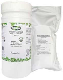 Nilaqua Alcohol Free wipes for Hand Sanitising and Surface Cleaning, effective against bacteria and viruses, Thick and Durable for Multi Surface - Canister & Refill combination pack 100 wipes