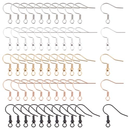 SUNNYCLUE 1 Box 100Pcs 5 Styles Stainless Steel Earring Hooks Fish Hook Earrings 18k Gold Plated French Earwires 925 Sterling Silver Plated Ear Wires Findings for Jewellery Making Earrings Supplies