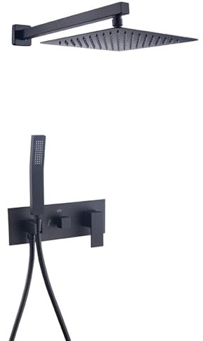 XJTNLB Duscharmatur Unterputz Set 10 in Quadrat Armatur Dusche Set Einhebelmischer Dusche Duschkopf mit Schlauch Regendusche Bifunktional,Schwarz