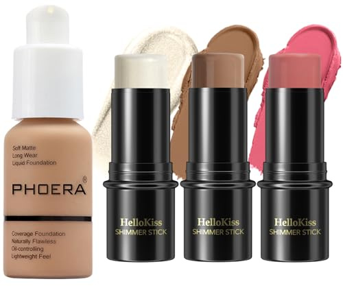 PHOERA Foundation, 3Pack Contour Stick Makeup Set, Farbtöne mit Highlighter-Stick, Rouge-Stick und Bronzer Contour (105+ Medium Contour/Sand+#04,#07,#14, 130.00 g (1er Pack))