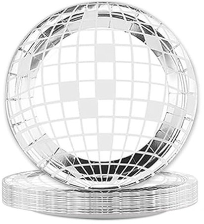 Disco Party Geschirr, 25 Stück Silber Partyteller Party Pappteller 9 Zoll Disco Pappteller Disco Partys Zubehör für Geburtstag, Hochzeit, 70er Jahre Discos Partys, Picknicks Serviert 25 (Teller)