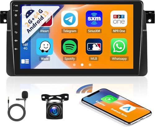 2G+64G CAMECHO Android 13 Autoraido pour BMW E46 1999-2005 avec sans Fil Apple CarPlay Android Auto 2 din Radio de Voiture avec écran Tactile 9 Pouces Bluetooth WiFi FM/RDS SWC HiFi+ Caméra de Recul