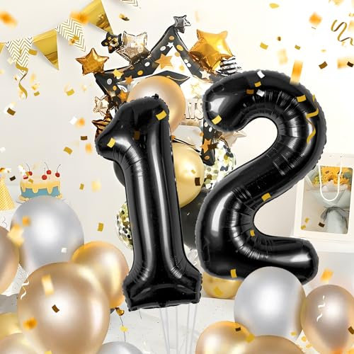 12 Geburtstag Deko zahlen luftballon 12 jahre | Folienballon Schwarz - für 12. Geburtstagsdeko Männer Frauen Ballon Zahl Deko zum Geburtstag fliegt mit Helium 12.Geburtstagsparty 40-101cm