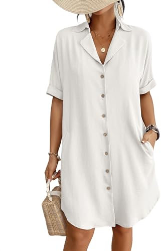 Bsubseach Womens Bathing Suit Blouse Short Sleeve Swim Cover Up Shirt Dress Casual Beach Tunic Top White S