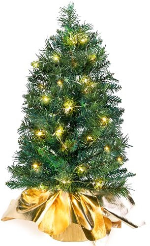JOIEDOMI 2 ft Small Christmas Tree with LED Warm Lights, Table Top Christmas Tree Pre-lit Artificial Xmas Tree, Green Mini Tree for Christmas Decorations Indoor Xmas Party Décor
