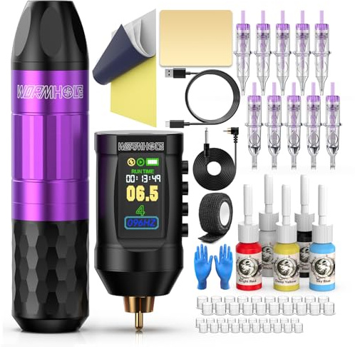 Wormhole Tattoo Gun Kit Wireless Tattoo Machine Kit Complete Tattoo Kit Tattoo Pen Kit Wiederaufladbare Schnurlose Tattoo Netzteil Tragbar 1800mAh mit LED Digitalanzeige für Tattoo-Künstler WTK286