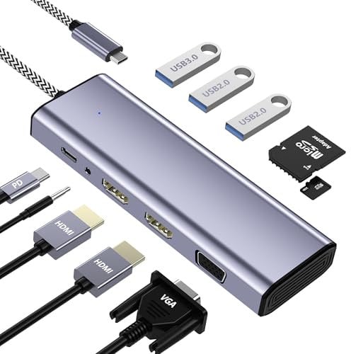 USB C Docking Station, 10 in 1 Laptop Docking Station Dual Monitor for Dell, HP, Lenovo, USB C HUB Multiport Adapter with 2 HDMI 4K, USB 3.0/2.0, VGA, PD100W, SD/TF, 3.5mm