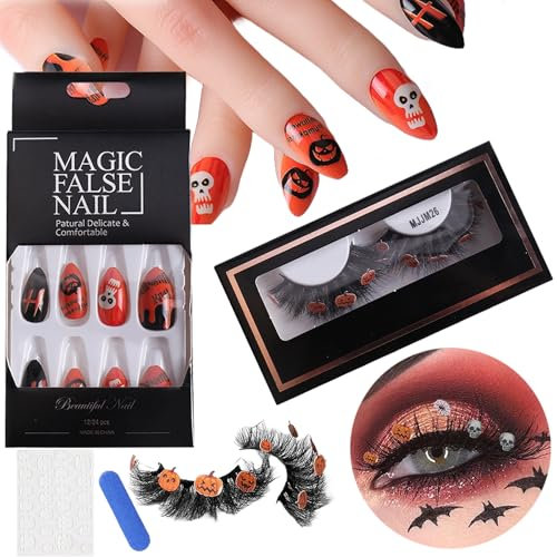 Halloween Press on Nails Short, 24Pcs French Tip False Nails, Orange Pumpkin Bat Ghost Designs False Nail, Acrylic Art Full Cover Fake Nails Stick on Nails for Women and Girls with Glue Sticker