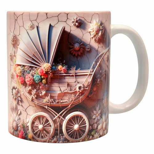 Shopi Zone Taza de Cerámica con Diseño de Carruaje Vintage y Flores en Relieve - Elegancia y Nostalgia