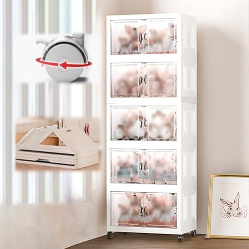 Xyrona Acryl Vitrine Faltbare Kunststoffvitrine mit Rollen, Stapelbare Aufbewahrungsbox mit Doppeltür und Deckel, Transparente Acrylvitrine für Sammlerstücke(5-Layer)