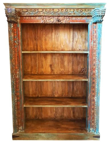 Handgeschnitztes Regal aus Teak Massivholz – 208 cm, Vintage Braun | Standregal für Wohnzimmer, Diele & Schlafzimmer | Offenes Bücherregal, Raumteiler & Wandregal ohne Bohren Muster -46-