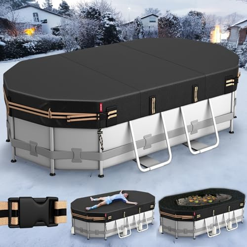 QH.HOME Ovale Poolabdeckung für Bestway/Intex/Coleman Frame Oval Pool, 3,66 x 7,32 m, [Hervorragend winddicht] mit verstellbaren Schnallenriemen & Kordelzug am Saum. [Langlebig, reißfest]