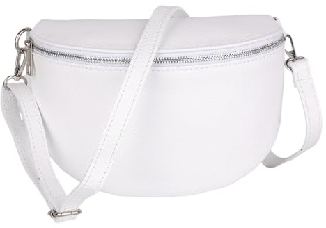 MIRROSI Damen Bauchtasche aus Echtleder, Made in Italy. Als Umhängetasche, Brust- oder Schultertasche tragbar, 26x20x8 cm, Reißverschlussfach hinten. (Weiß Basic Version)