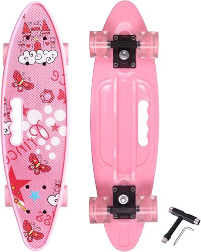 Nattork Mini Cruiser Skateboard complet en plastique pour filles avec poignée portable de 59,9 cm - Style rétro classique - Pour enfants, garçons et jeunes débutants (château rose)