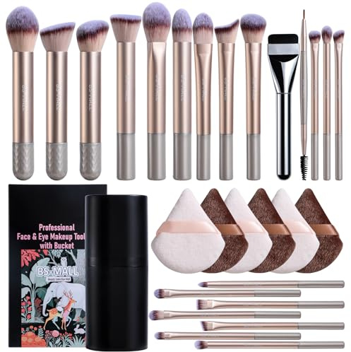 BS-MALL 21 Pcs Professional makeup brush set with foundation brush for liquid Makeup, eyeshadow Brush, concealer brush - Includes 6 Triangle Puffs & case for Even, Multi-purpose application (Golden)