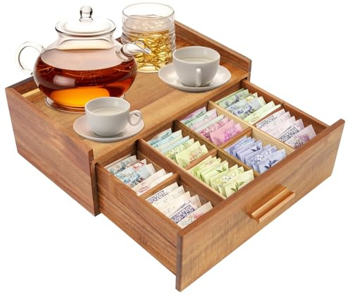 Boîte à Thé en Bois Rustique, Porte Capsules de Café, Boîte à Thé avec 8 Compartiments Ajustables et Tiroir, Boîte à Épices en Bois, Rangement pour Sachets de Capsules de Café, Sucre et Plus
