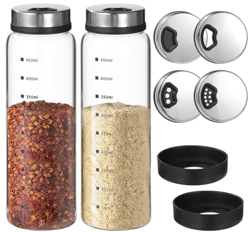 Calolin 2 Pcs Salt & Pepper Shakers, Large Glass Spice Jars with Adjustable Pour Holes, Spice Dispensers with Non-Slip Silicone Bases, Seasoning Jars with Rotating Steel Lids for Kitchen, 16.9 oz
