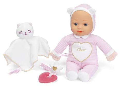 Chicco Geschenkset zur Geburt mit weicher Puppe, Kuscheltier-Kätzchen und glitzerndem Herz-Beißring, waschbar, weich und sicher, Rollenspiel, ab 0 Monaten, Rosa