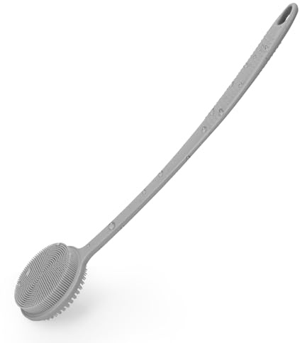 Silikonryggborste dusch, duschborste ryggskrubber badborste, grå | Kroppsborste med långt handtag, lyktvåg, dubbelsidig för rengöring, peeling och massage, ryggskrubb, kroppsborste, hygienisk