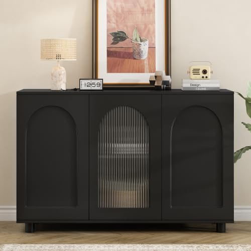 vutizal Schwarzes Sideboard mit Glastür, modernes Highboard für Wohnzimmer & Esszimmer, Push-Open Aufbewahrungsschrank