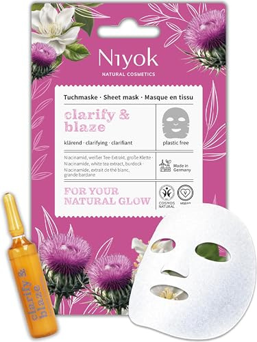 Niyok Klärende Tuchmaske - Tiefenreinigung mit Niacinamid & Weißem Tee „Clarify & Blaze“ | Gesichtsmaske aus kompostierbarer Pflanzenfaser | Vegan | COSMOS NATURAL | Made in Germany | Mit Niacinamid & Weißem Tee, COSMOS NATURAL, kompostierbare Pflanzenfaser, Made in Germany, klärend