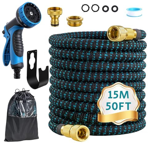 POP lina Flexibler Gartenschlauch 15m, Wasserschlauch Dehnbar mit 10-Funktionen-Sprühkopf, Wasserschlauch 3/4 Zoll und 1/2 Zoll Metallanschlüsse und Wandhalterung, flexiSchlauch für Außenbereich