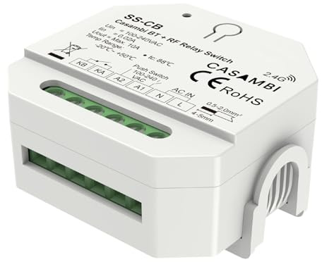 Interruttore Bluetooth Compatibile Con Casambi, Relè Smart con Contatto Pulito 10A 220V, RF 2.4GHz, Pulsante Esterno NO, SOLO ON/OFF, Non Dimmerabili, Compatto 56X56X37mm Da Scatola Incasso