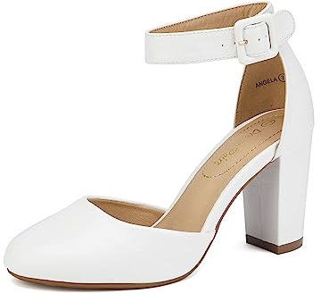 DREAM PAIRS Womens High Heels Closed Toe Court Shoes Block Ankle Strap Ladies Sandals for Wedding,Size 6,White/pu,Angela