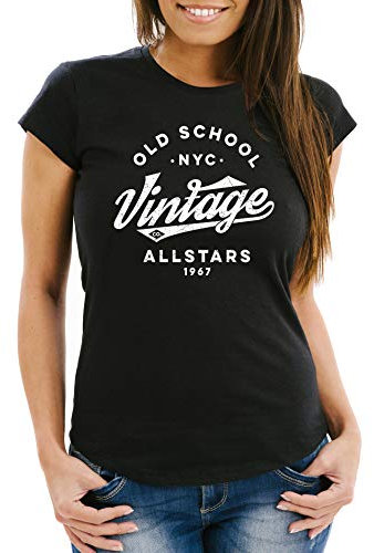 Neverless® Damen T-Shirt College Style Schriftzug Oldschool Vintage Allstars Fashion Streetstyle Schwarz M