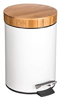 Hogar y Mas Papelera Metálica Blanca| Tapa de Madera de bambú con Sistema de Descenso automático | Cubo de Pedal con antihuellas