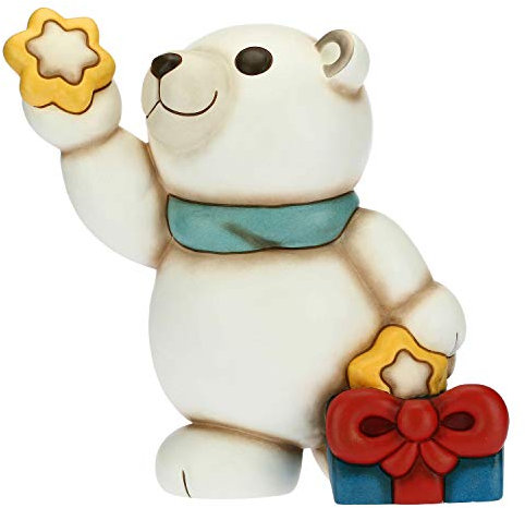 THUN - Soprammobile Orso Polare Natalizio con Pacco Regalo e Stelle - Accessori per la Casa da Collezionare - Linea Un Pensiero Felice - Formato Maxi - Ceramica - 27 x 31 x 33 h cm