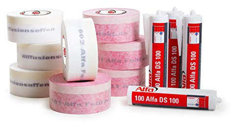 Alfa Fensterabdichtungsset - praktisches Set zur Fensterabdichtung - 8 x Fensteranschlussbänder und 4 x Folienkleber DS 100