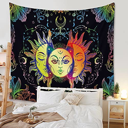 Lsimeru Sonnengott Wandtuch Sonne Mond Sterne Schwarz Bunt Wandbehang Wandteppich Aesthetic Moon Psychedelic Indisch Boho Wandtücher Wanddeko Tapestry Wall Hanging,180x230