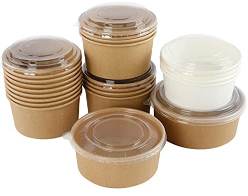 Marron Saladiers Alimentaires En Carton Kraft, Vaisselle Recyclable, Rond Biodégradables Compostable Papier Emballage avec Couvercles pour Restauration, Vente à Emporter, Déjeuner (200 Pcs),1#